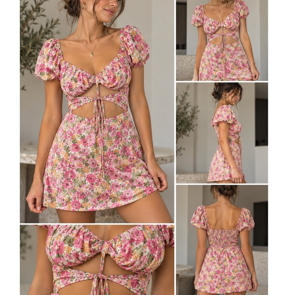 Princess Polly Pink Floral Puff Sleeve Cutout Mini Dress US 0 Smocked Back